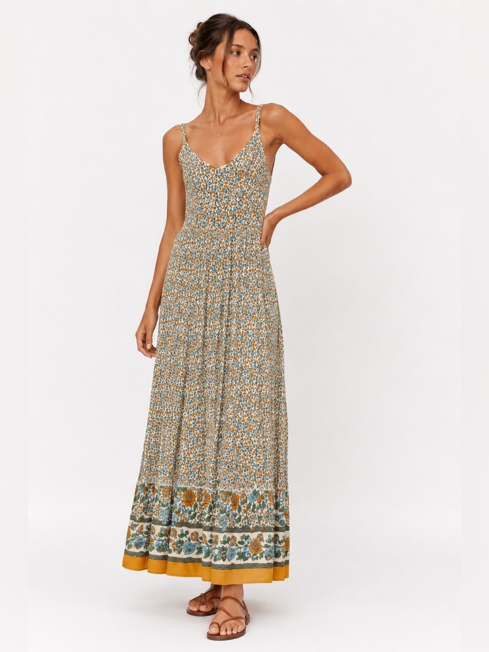 Cottagecore Floral Boho Smocked Western Maxi ABYOXI Dress Mediterranean Size M